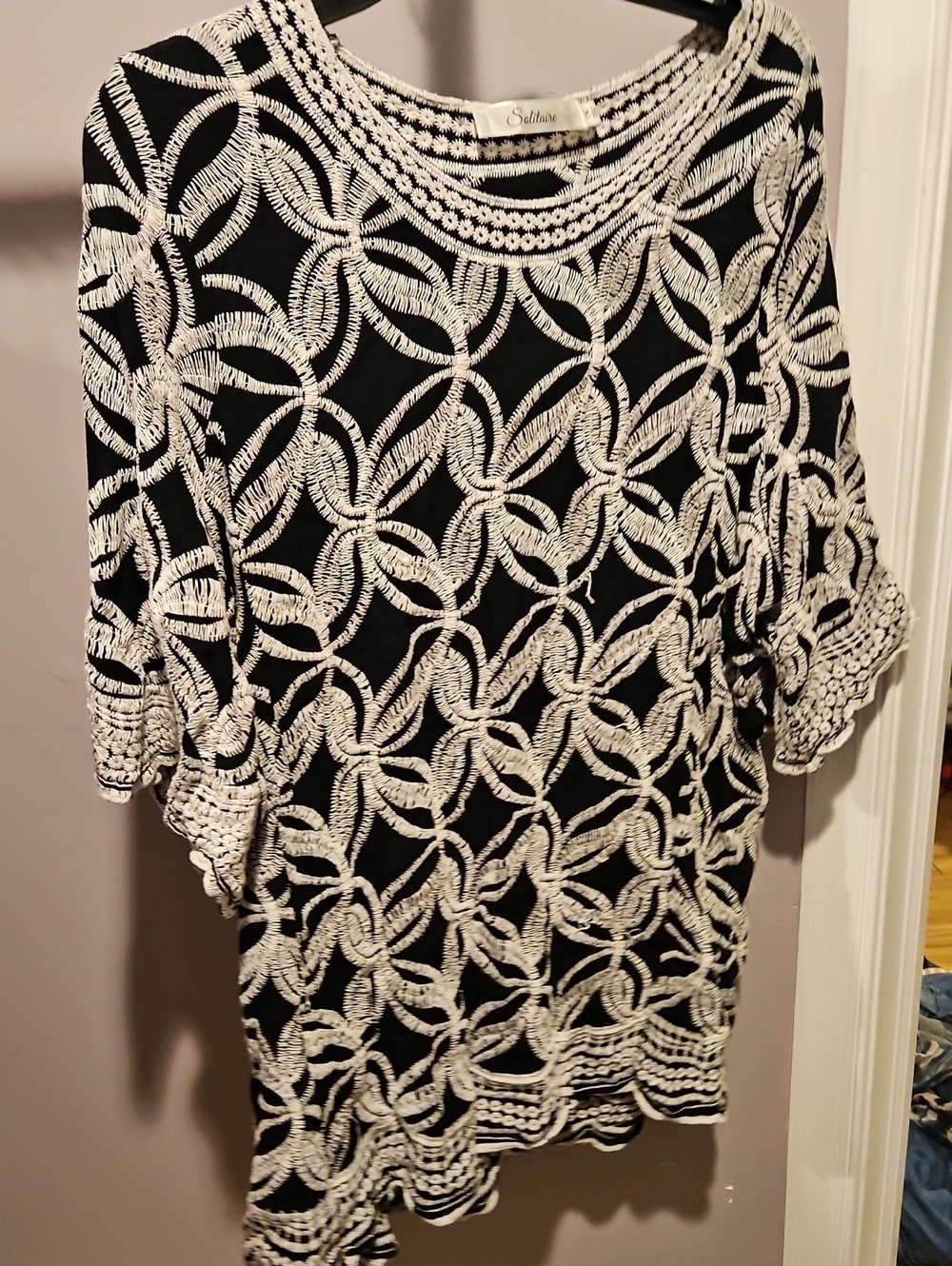 Solitaire Black Top with White Embroidered Pattern